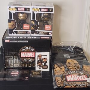 Funko Pop Collector Corps Box Captain America #1423 Iron Man #1424 Shirt Size XL